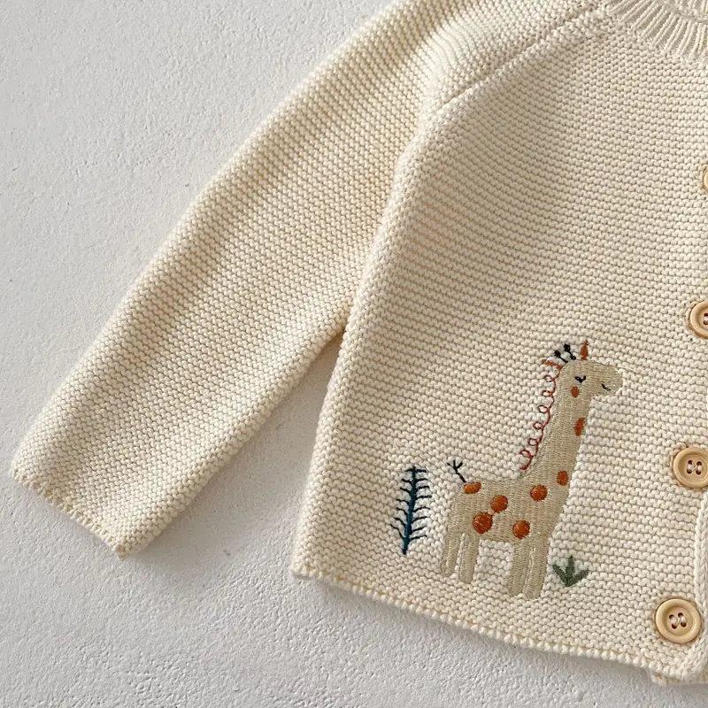 Autumn New Baby Clothing, 0-3 Year Old Girl, Cute and Fun Embroidered Round Neck Cotton Sweater Knitted Cardigan Coat