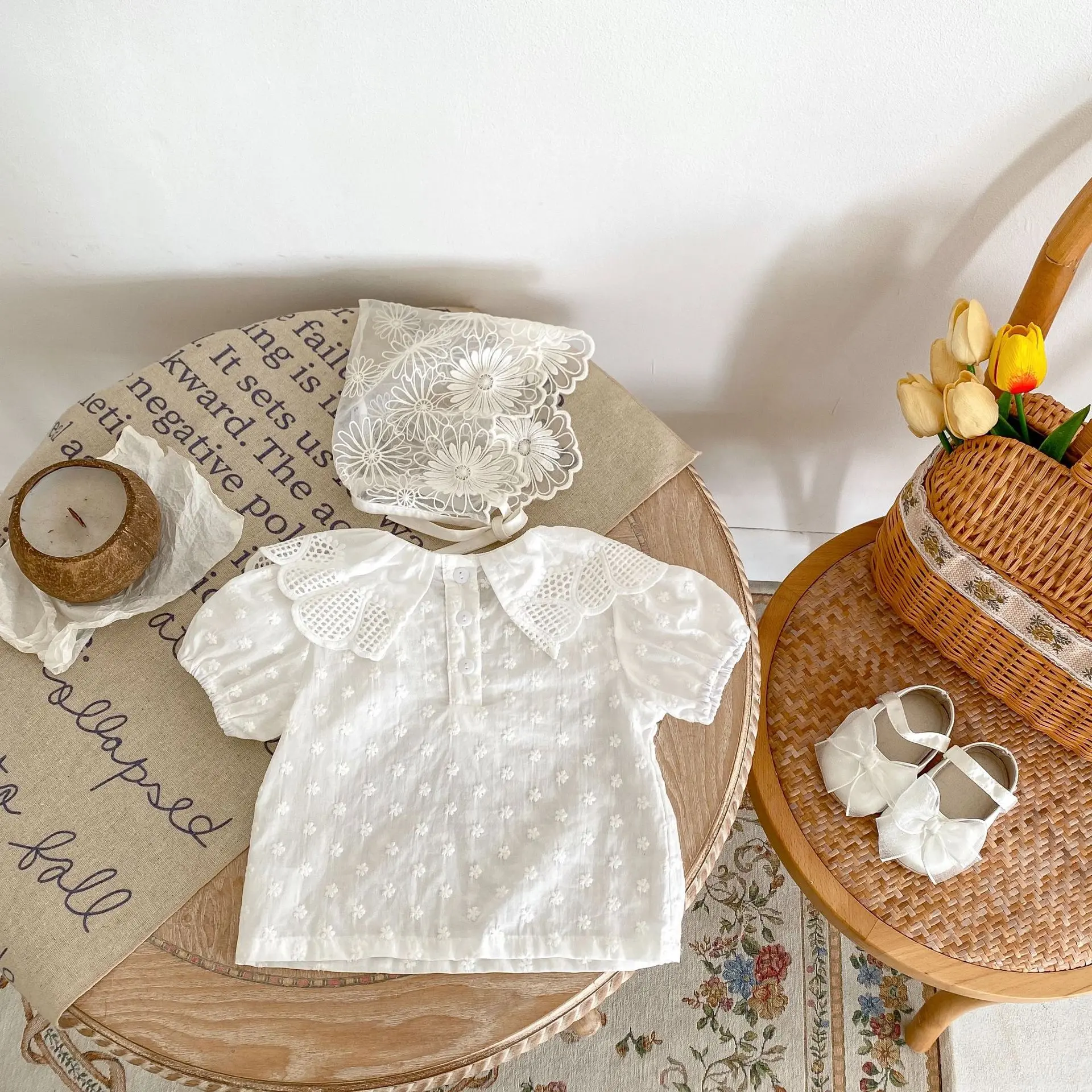 Summer new style baby clothes for 0-3 years old, exquisite embroidered baby girl big lace collar short-sleeved top