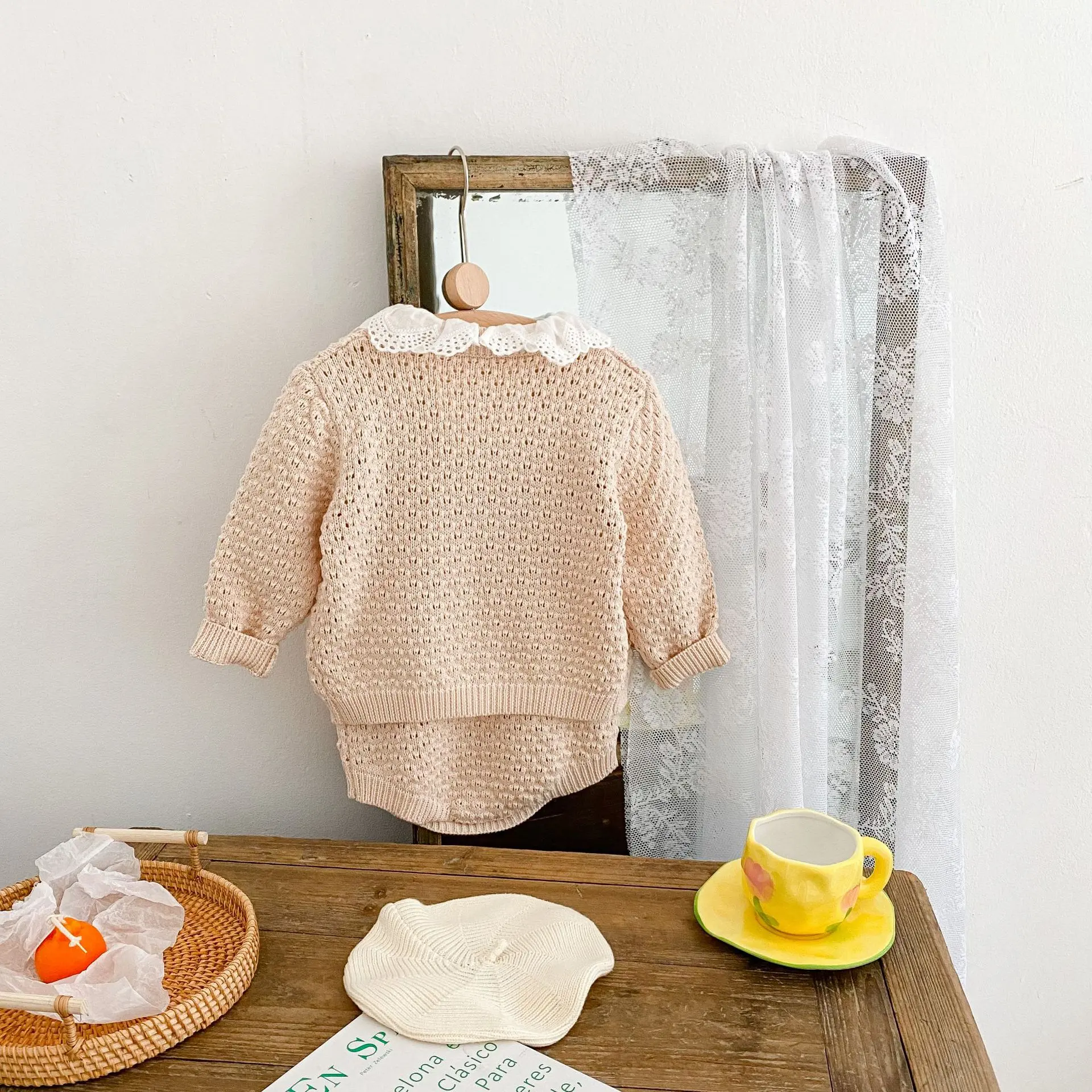Instagram Spring and Autumn Clothing 0-3 Year Old Girl Fashion Versatile Knitted Sweater Infant Solid Color Sweater Set Cotton Y