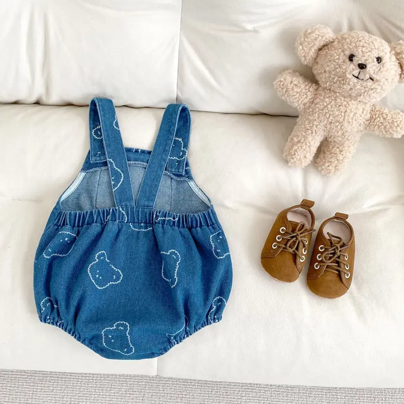 Spring and autumn new baby clothes for 0-2 years old, cute bear printed denim jumpsuits for boys and girls,