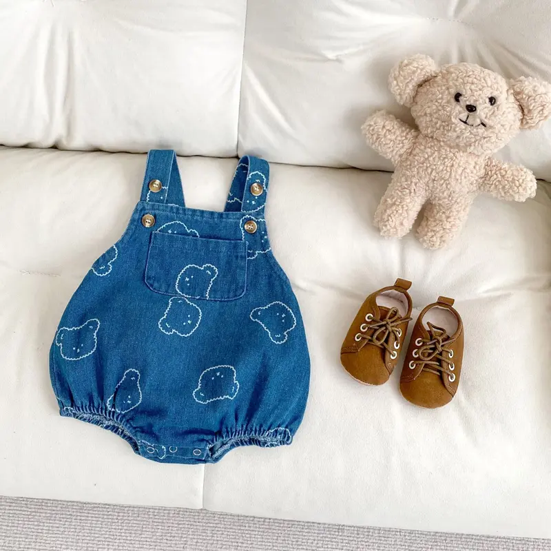 Spring and autumn new baby clothes for 0-2 years old, cute bear printed denim jumpsuits for boys and girls,