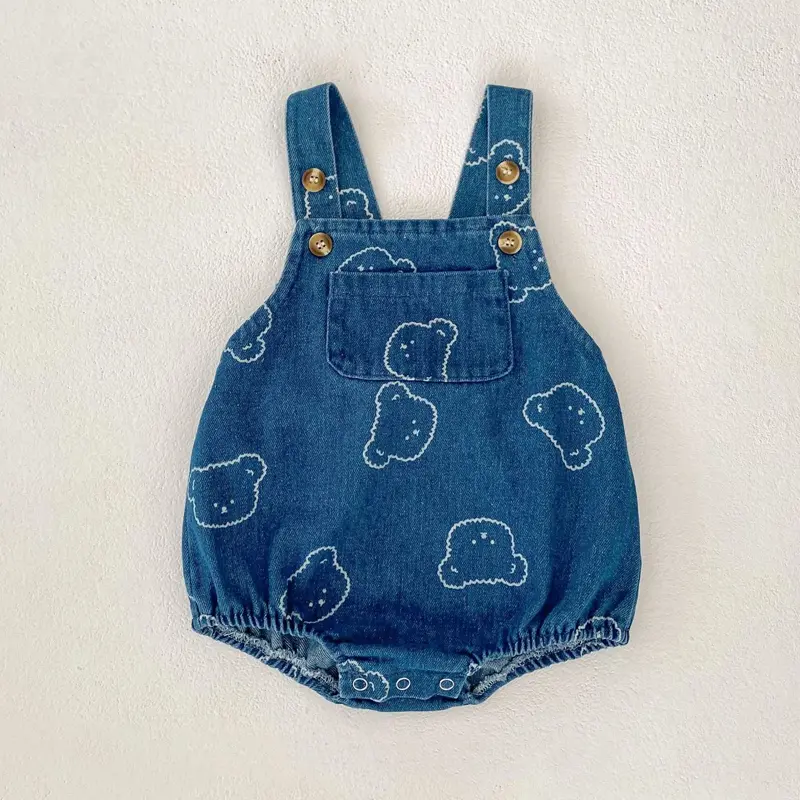 Spring and autumn new baby clothes for 0-2 years old, cute bear printed denim jumpsuits for boys and girls,