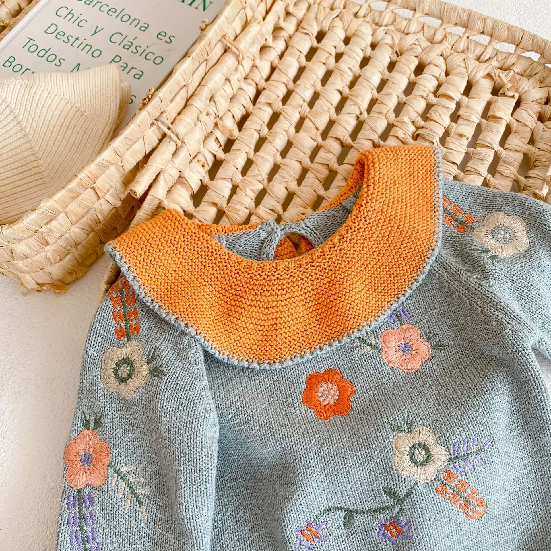 Autumn and Winter New Fashion Versatile Sweater Set Baby Girl Knit Set Embroidered Lotus Collar Top+Lace Pants Two piece Set