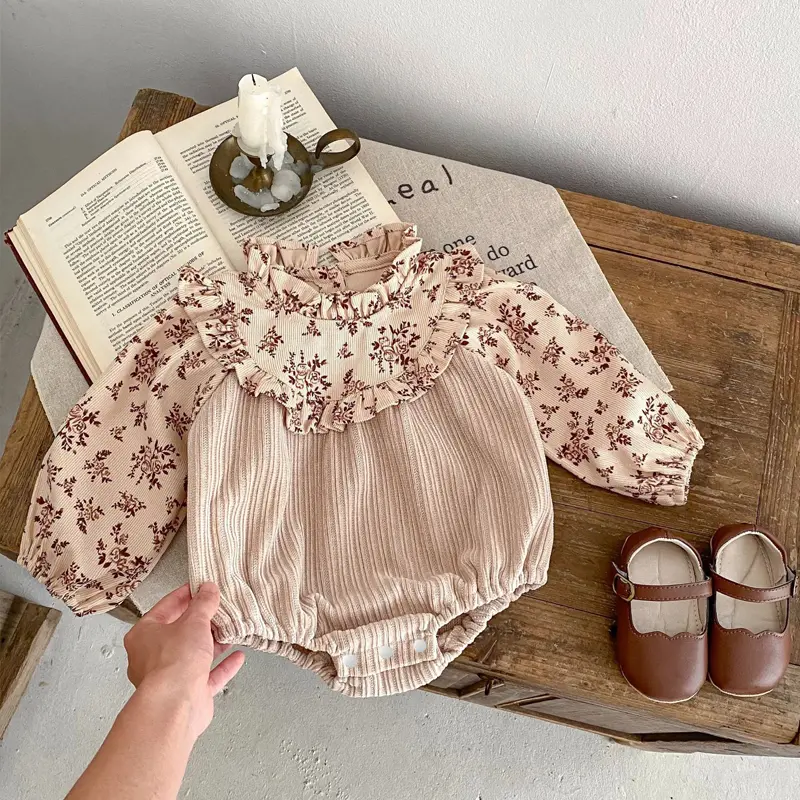 New autumn baby clothing, 0-2 year old girls, corduroy printed patchwork long sleeved jumpsuit jumpsuit