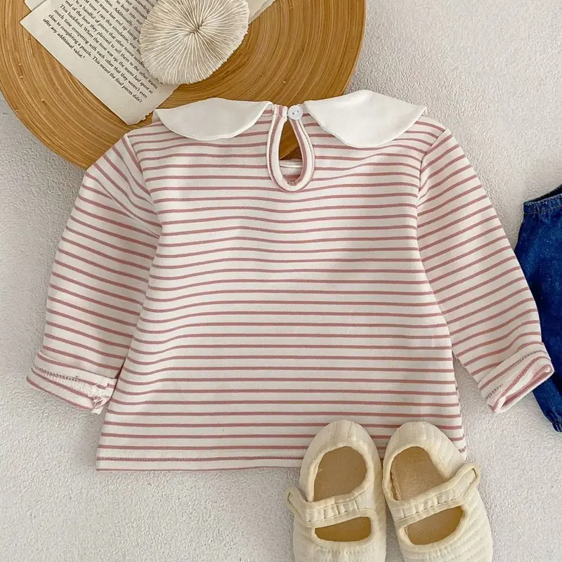New autumn baby clothing, 0-3 year old girl bunny collar girl striped top, T-shirt