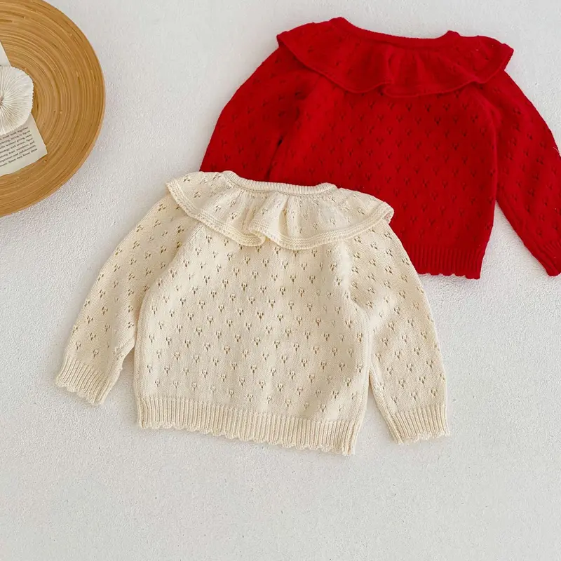Autumn New Baby Clothing, 0-3 Year Old Girl Cotton Knitted Lotus Collar Hollow Long sleeved Sweater Coat
