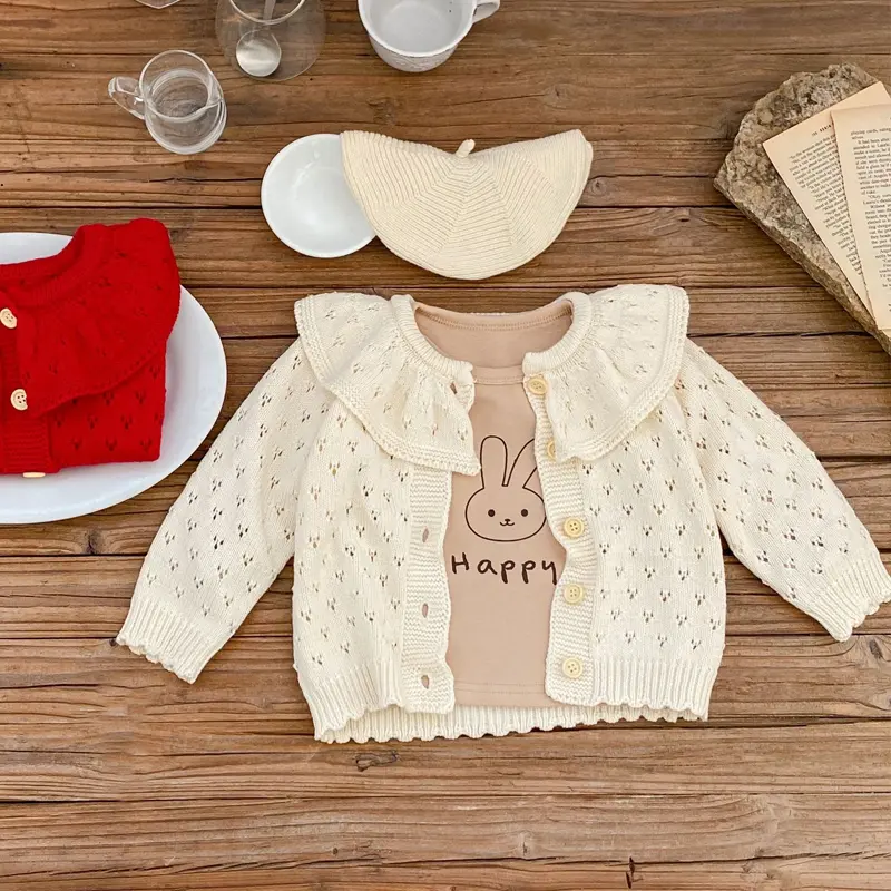 Autumn New Baby Clothing, 0-3 Year Old Girl Cotton Knitted Lotus Collar Hollow Long sleeved Sweater Coat