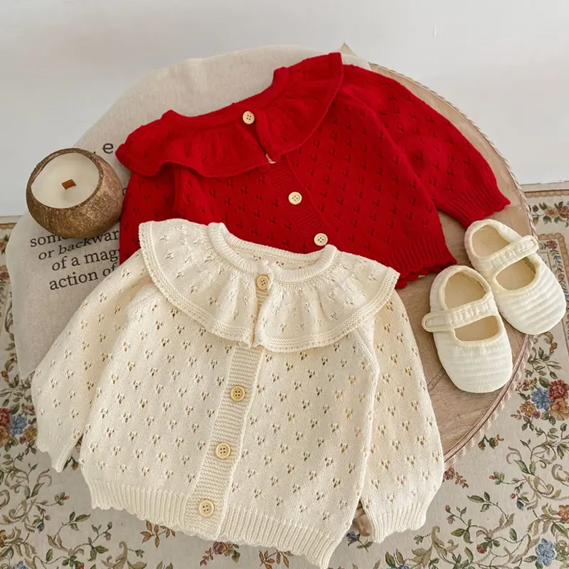 Autumn New Baby Clothing, 0-3 Year Old Girl Cotton Knitted Lotus Collar Hollow Long sleeved Sweater Coat