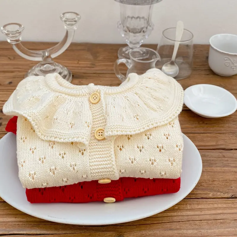 Autumn New Baby Clothing, 0-3 Year Old Girl Cotton Knitted Lotus Collar Hollow Long sleeved Sweater Coat
