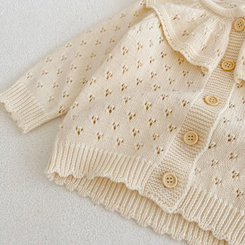 Autumn New Baby Clothing, 0-3 Year Old Girl Cotton Knitted Lotus Collar Hollow Long sleeved Sweater Coat
