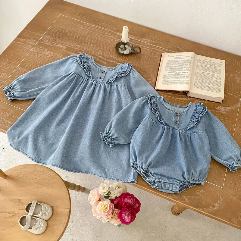 Spring and Autumn New Baby Clothing, 0-3 Year Old Female Baby, Long Sleeve Lace Cowboy jumpsuit