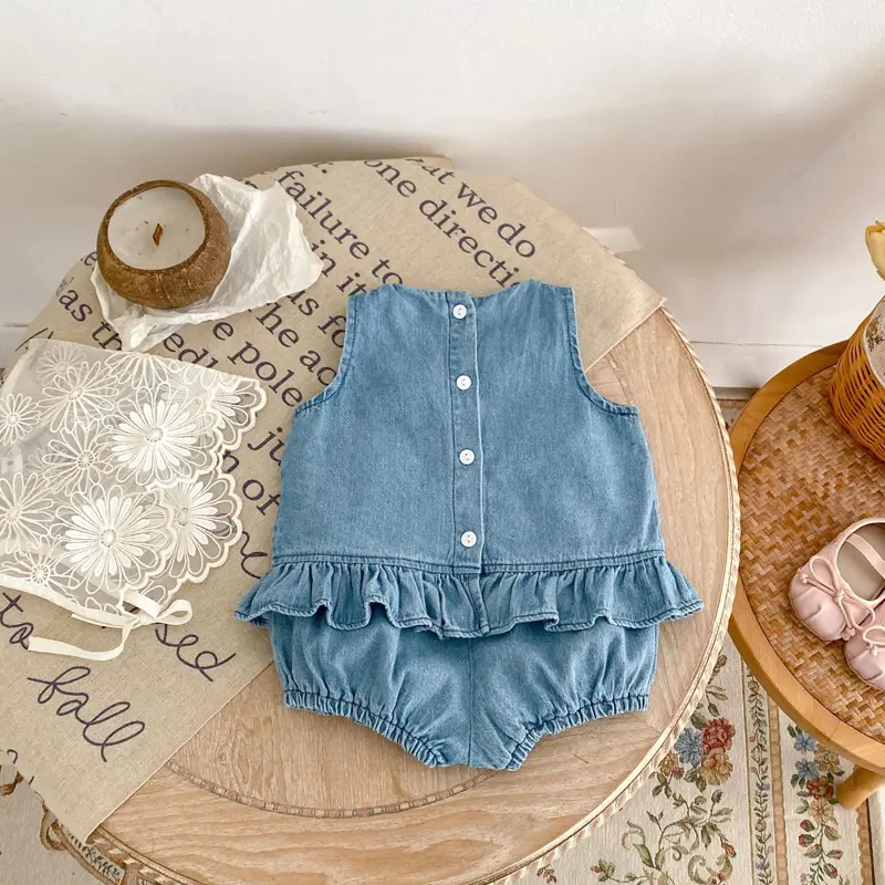 Summer New Baby Set, 0-3 Year Old Girl Embroidered Soft Denim Cotton Sweet Sleeveless Set