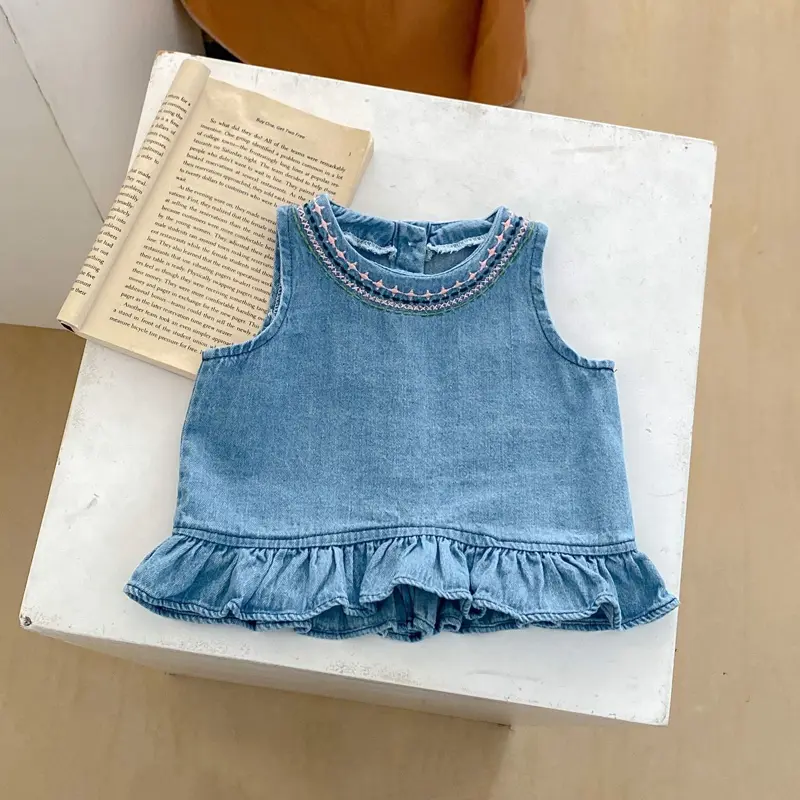 Summer New Baby Set, 0-3 Year Old Girl Embroidered Soft Denim Cotton Sweet Sleeveless Set