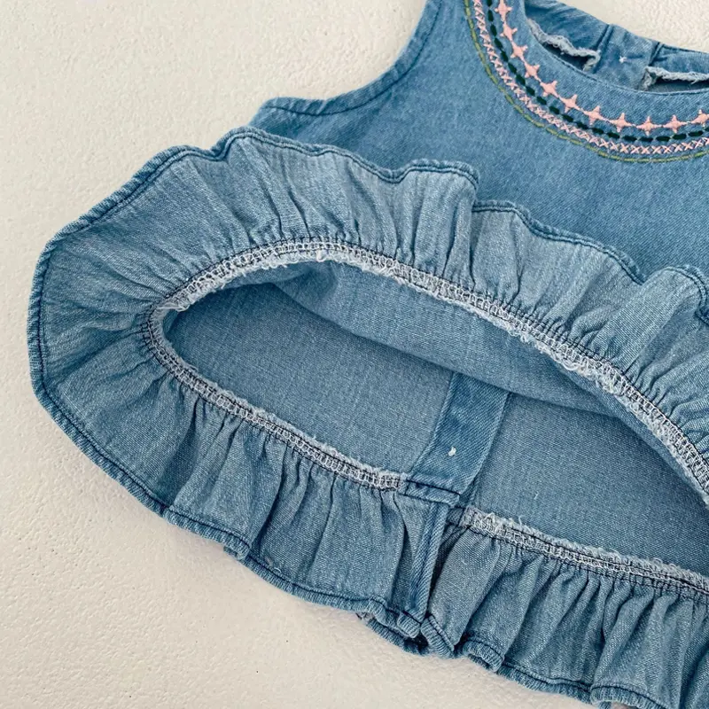 Summer New Baby Set, 0-3 Year Old Girl Embroidered Soft Denim Cotton Sweet Sleeveless Set