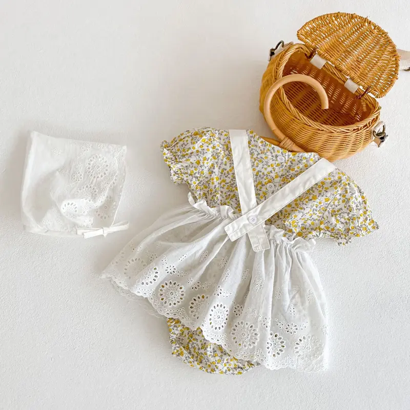 New summer baby clothing, 0-3 year old baby girl floral jumpsuit with suspender skirt set