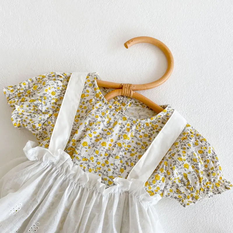 New summer baby clothing, 0-3 year old baby girl floral jumpsuit with suspender skirt set