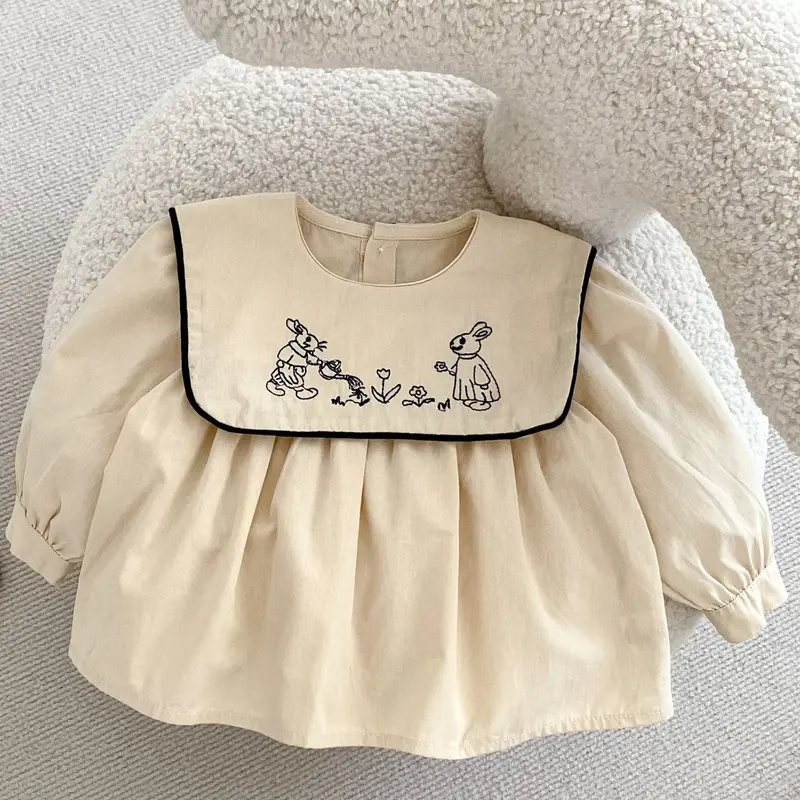 Autumn new baby clothing, 0-4 year old female baby, children's rabbit embroidered big collar top cardigan+bread pants