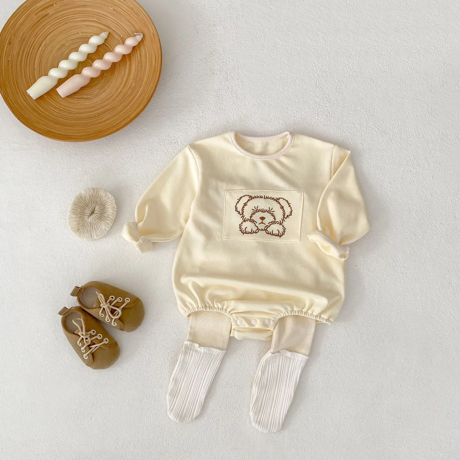 New autumn clothing for babies aged 0-3, baby jumpsuit for boys and girls, teddy bear round neck long sleeved jumpsuit