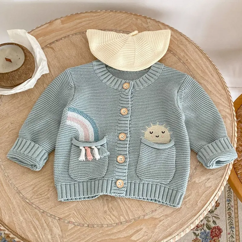 Autumn New Baby Clothing, 0-3 Year Old Girl, Rainbow Embroidered Pattern Coat, Cotton Yarn Knitted Cute Double Pockets