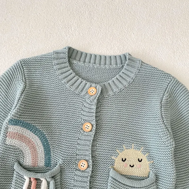 Autumn New Baby Clothing, 0-3 Year Old Girl, Rainbow Embroidered Pattern Coat, Cotton Yarn Knitted Cute Double Pockets