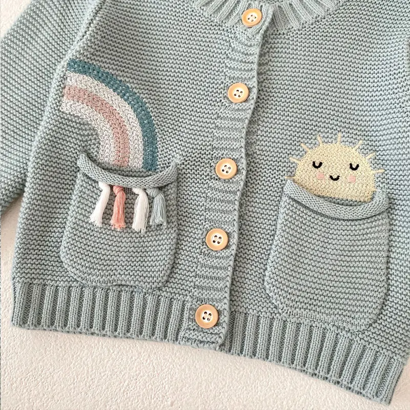 Autumn New Baby Clothing, 0-3 Year Old Girl, Rainbow Embroidered Pattern Coat, Cotton Yarn Knitted Cute Double Pockets