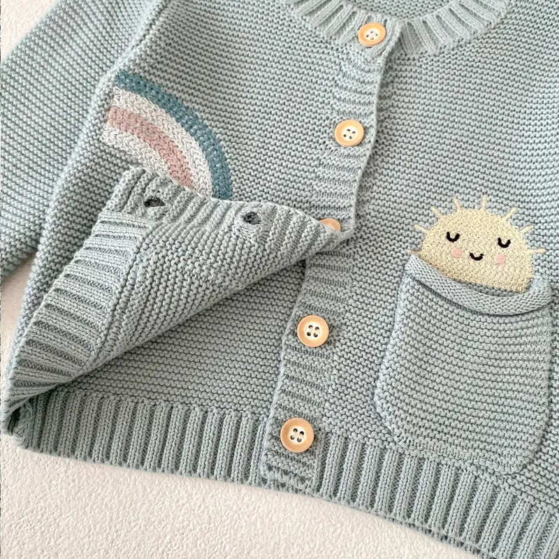 Autumn New Baby Clothing, 0-3 Year Old Girl, Rainbow Embroidered Pattern Coat, Cotton Yarn Knitted Cute Double Pockets