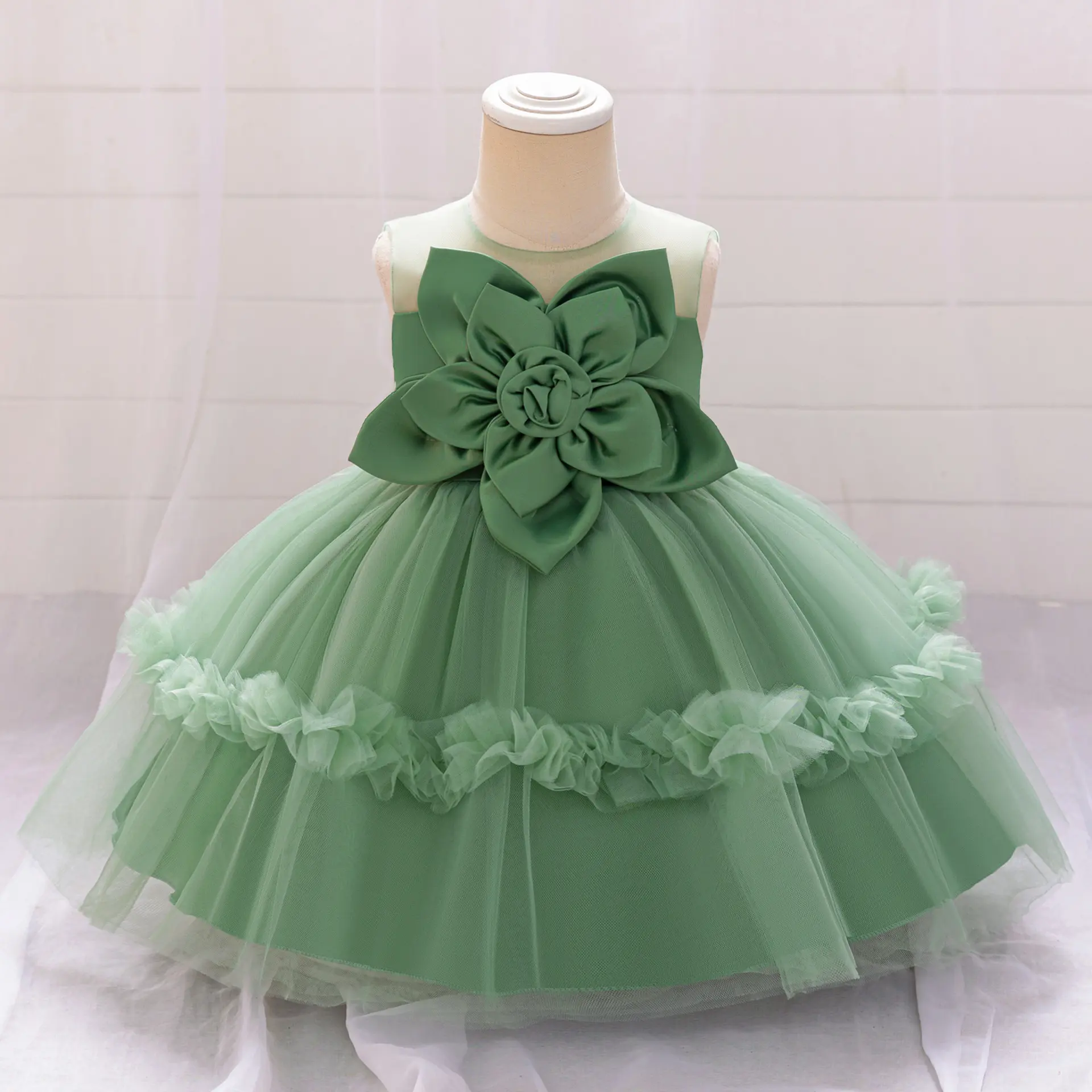 Newborn Baby Baptism Princess Dress 3D Flower Girls Tulle 1 Yrs Birthday Wedding Dresses for Kids Bow Bridemaid Evening Costume