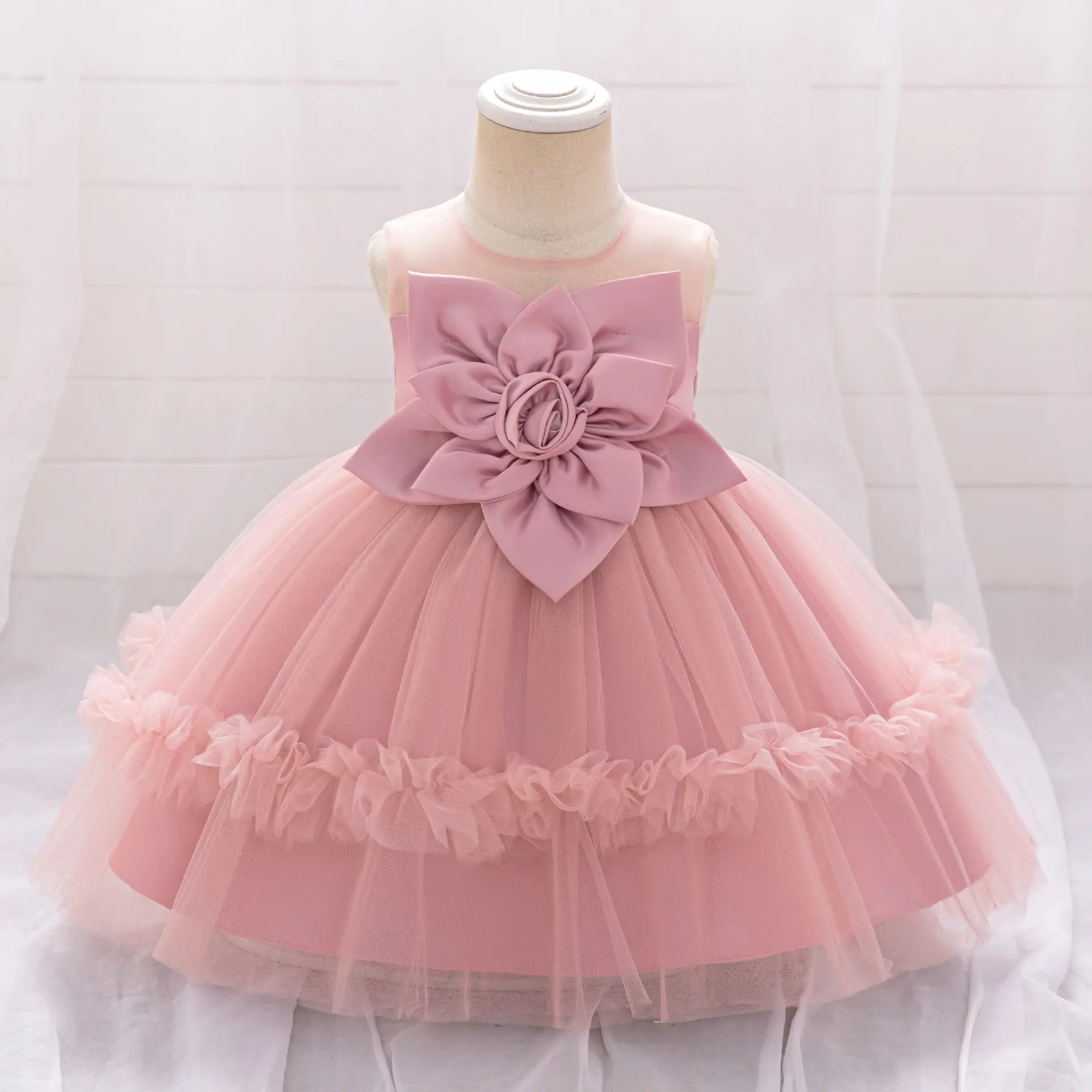 Newborn Baby Baptism Princess Dress 3D Flower Girls Tulle 1 Yrs Birthday Wedding Dresses for Kids Bow Bridemaid Evening Costume