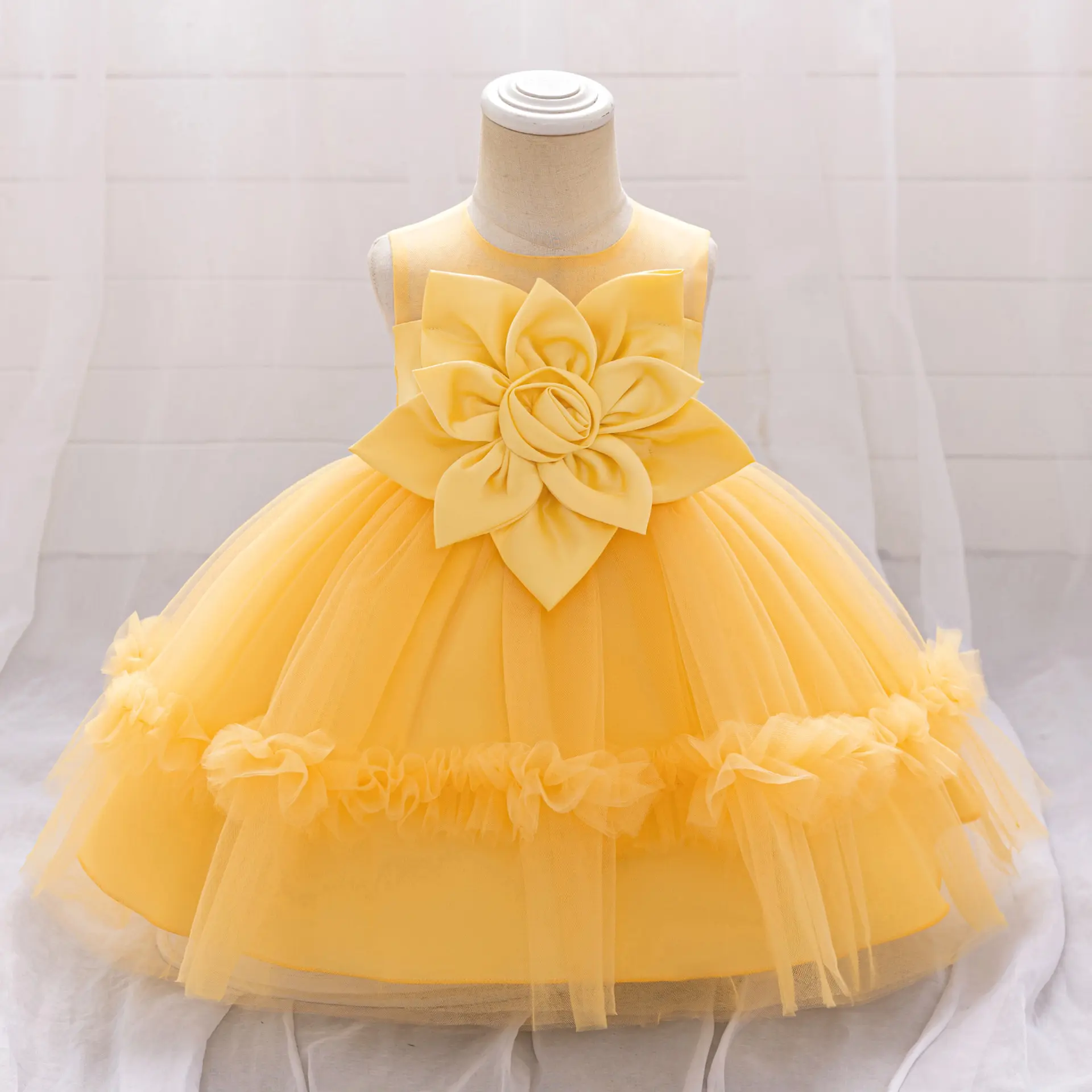 Newborn Baby Baptism Princess Dress 3D Flower Girls Tulle 1 Yrs Birthday Wedding Dresses for Kids Bow Bridemaid Evening Costume