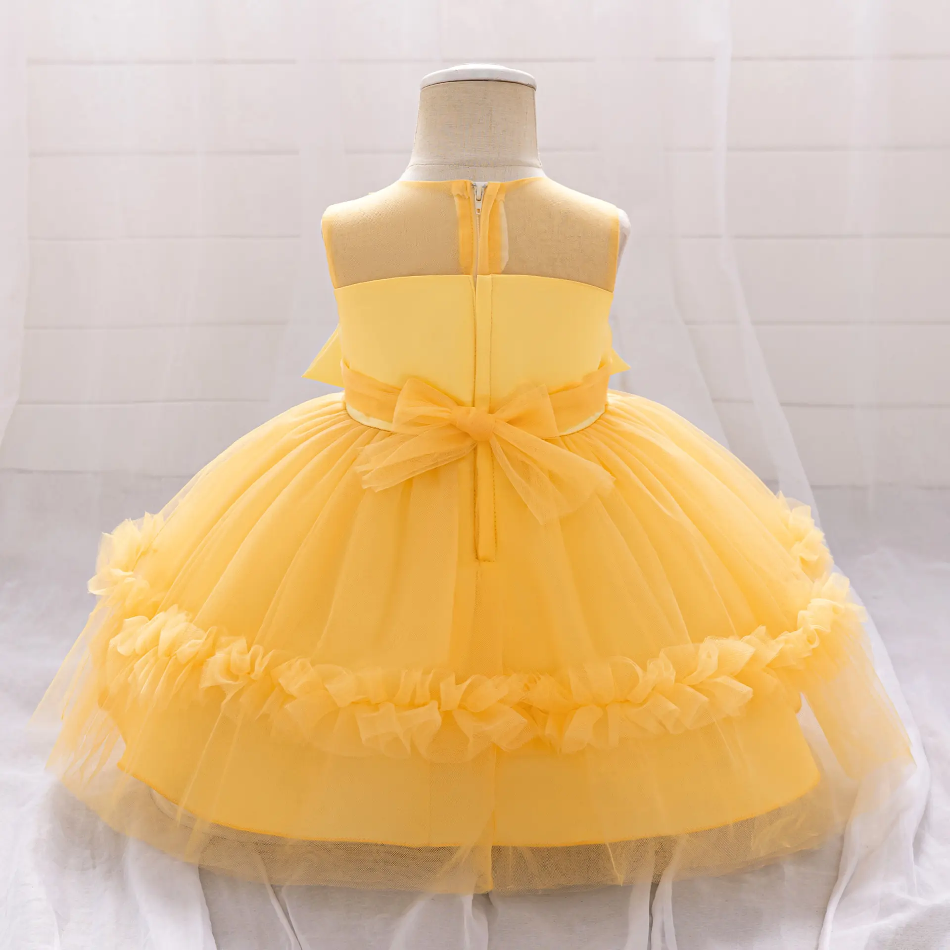 Newborn Baby Baptism Princess Dress 3D Flower Girls Tulle 1 Yrs Birthday Wedding Dresses for Kids Bow Bridemaid Evening Costume