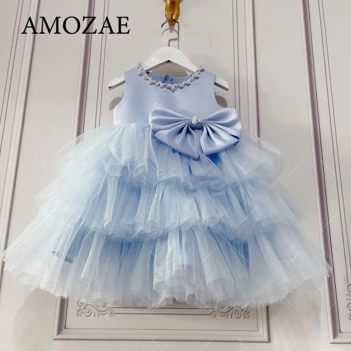 Baby Girls Dress Elegant Sleeveless Sweet Simple Wedding Flower Girls Dresses Tiered Beading Design Bow Birthday Wedding Dress