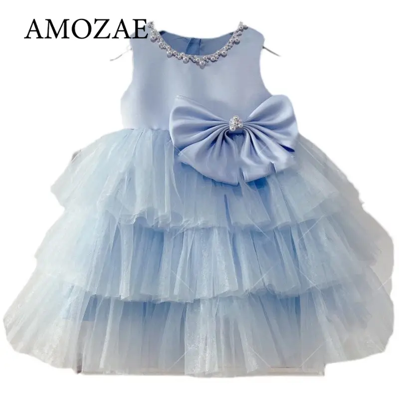 Baby Girls Dress Elegant Sleeveless Sweet Simple Wedding Flower Girls Dresses Tiered Beading Design Bow Birthday Wedding Dress