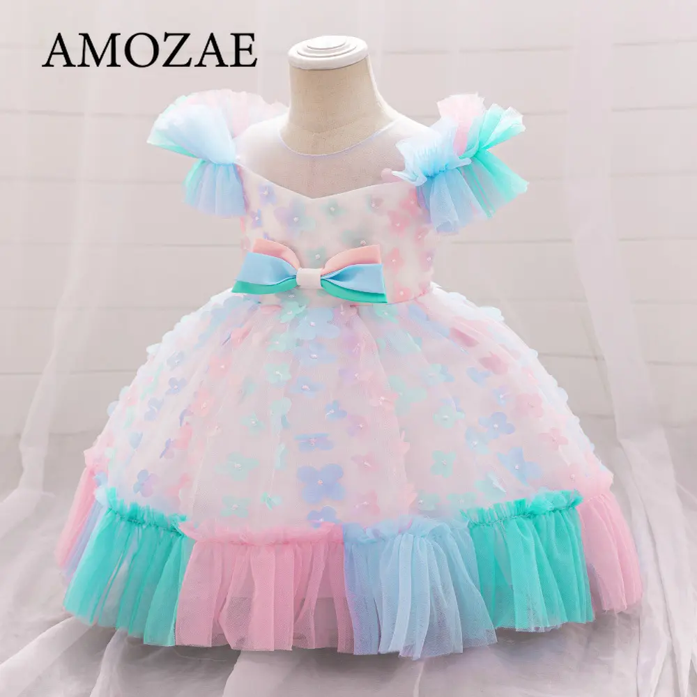 Infant 3D Butterfly Tutu Party Dress Children's Princess Long Dress Floral Embroidery Tulle Skirt Dress Colorful Daily Wear