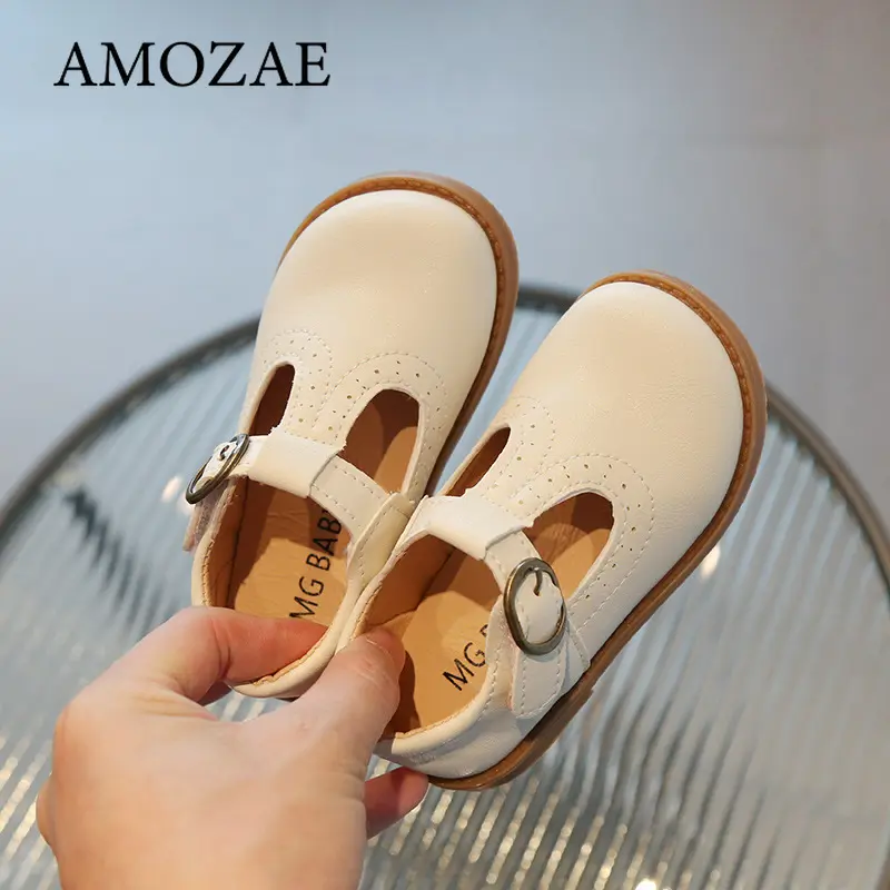 Toddler Kids Leather Shoes Matte Cute Classic Children Flat Shoes T-strap 21-30 Solid Color Hollow-out Unisex Mary Janes for Kid