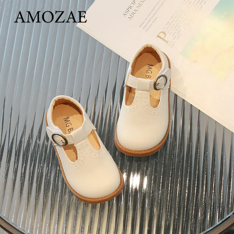 Toddler Kids Leather Shoes Matte Cute Classic Children Flat Shoes T-strap 21-30 Solid Color Hollow-out Unisex Mary Janes for Kid