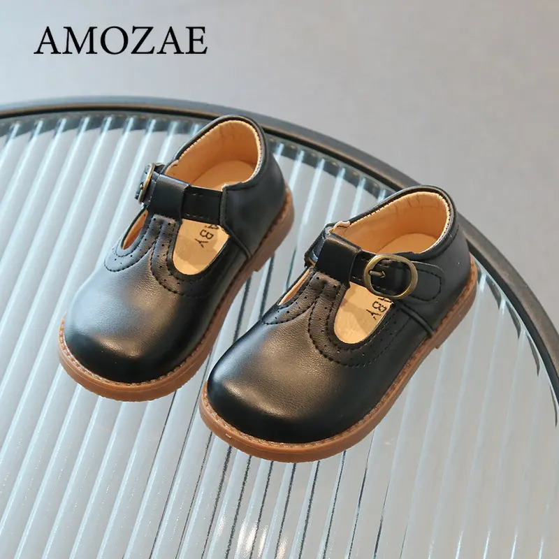 Toddler Kids Leather Shoes Matte Cute Classic Children Flat Shoes T-strap 21-30 Solid Color Hollow-out Unisex Mary Janes for Kid