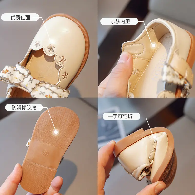 Children Girls Leather Princess Shoes with Bow Non-slip Soft Bottom for Dance Party Wedding Flats Fashionable Embroidery Design