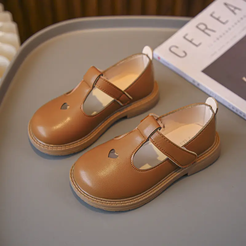 Girls Princess Leather Shoes Toddlers Kids Flats T-Strap Cut-Outs Heart Hollow Soft Non-Slip Hook Loop Spring Summer Autumn