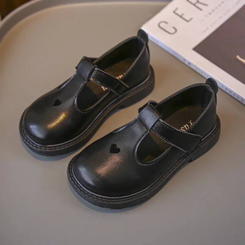 Girls Princess Leather Shoes Toddlers Kids Flats T-Strap Cut-Outs Heart Hollow Soft Non-Slip Hook Loop Spring Summer Autumn