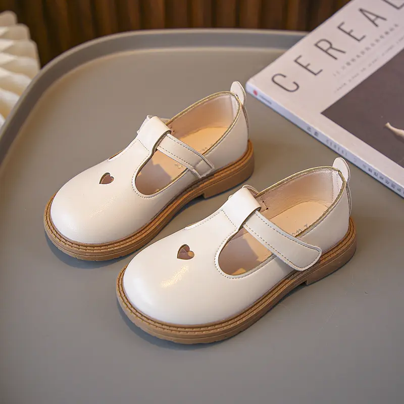 Girls Princess Leather Shoes Toddlers Kids Flats T-Strap Cut-Outs Heart Hollow Soft Non-Slip Hook Loop Spring Summer Autumn