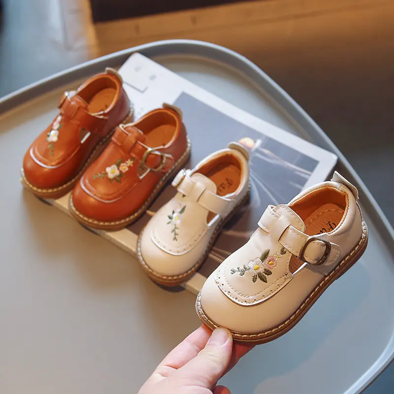 Children Baby Girl Mary Janes Embroidered Floral Beige Khaki Toddler Autumn Shoes Vintage Cover Toe Comfortable Kids Footwear