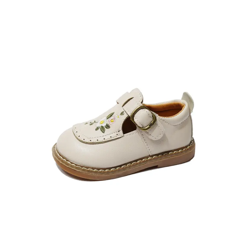 Children Baby Girl Mary Janes Embroidered Floral Beige Khaki Toddler Autumn Shoes Vintage Cover Toe Comfortable Kids Footwear
