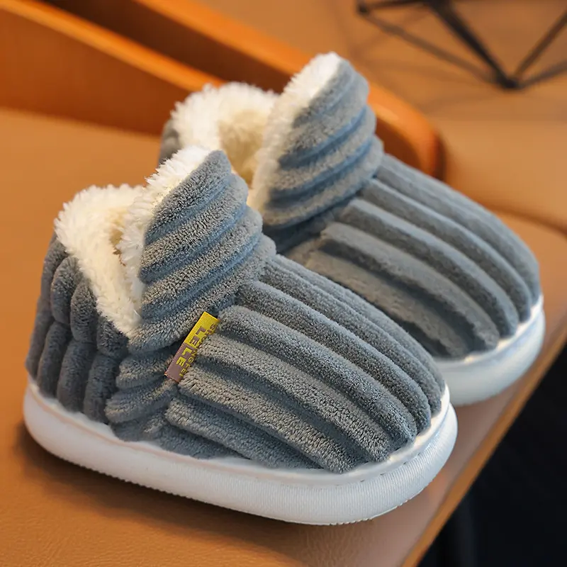 2025 Winter Concise Stripe Plush Slippers Children's Non-slip Soft Sole Kids Boys Girls Heel Wrap Warm High Home Cotton Shoes