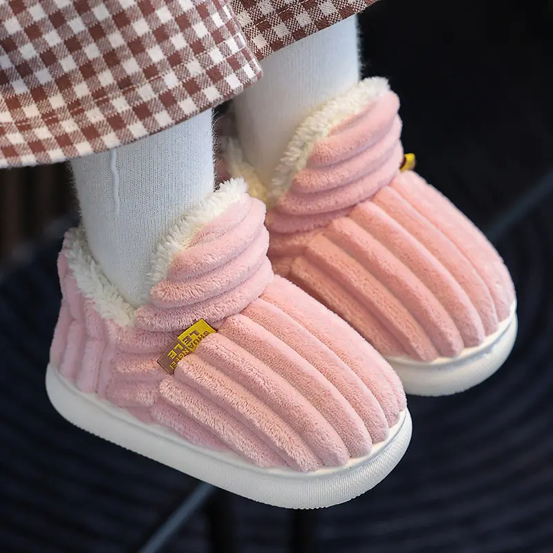 2025 Winter Concise Stripe Plush Slippers Children's Non-slip Soft Sole Kids Boys Girls Heel Wrap Warm High Home Cotton Shoes