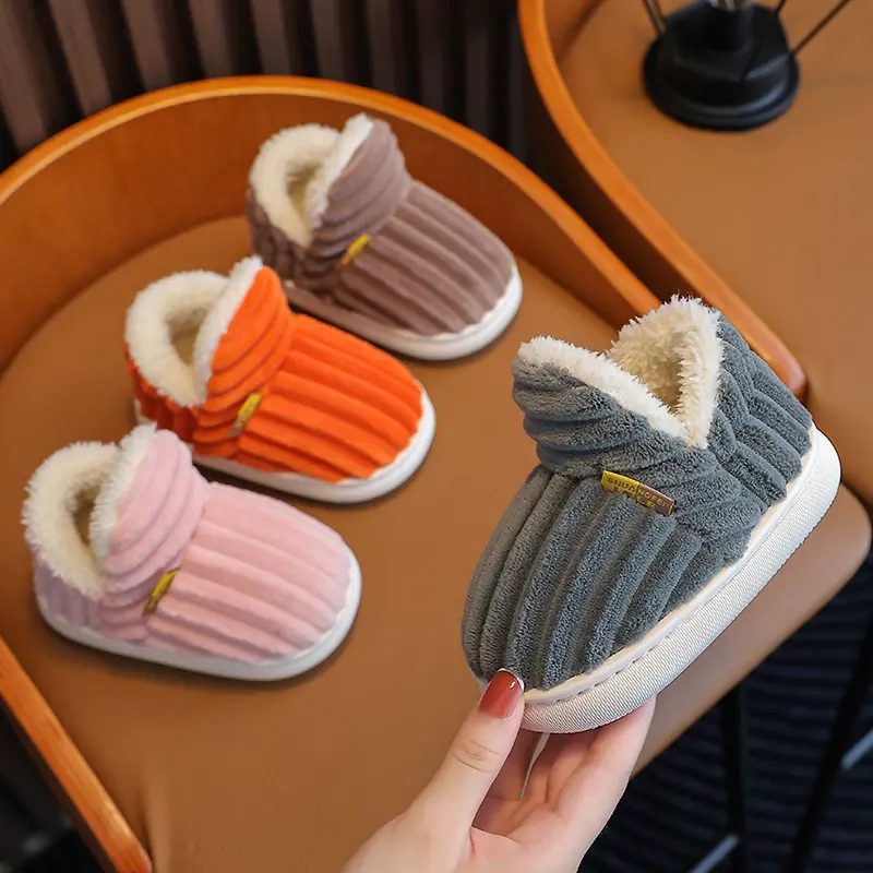 2025 Winter Concise Stripe Plush Slippers Children's Non-slip Soft Sole Kids Boys Girls Heel Wrap Warm High Home Cotton Shoes