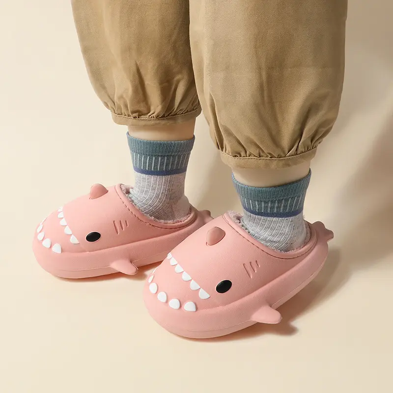 Children Winter Cozy Waterproof Cartoon Shark Slippers for Boys Girls Indoor Outdoor Plush Furry Home Shoes with Thick Bottom
