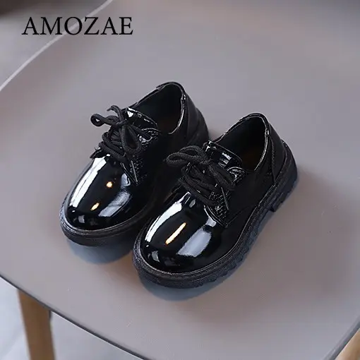 Boys Performance Leather Shoes Spring and Autumn New Britain Style All-match Black Children's Fashion Black Lace-up Simple