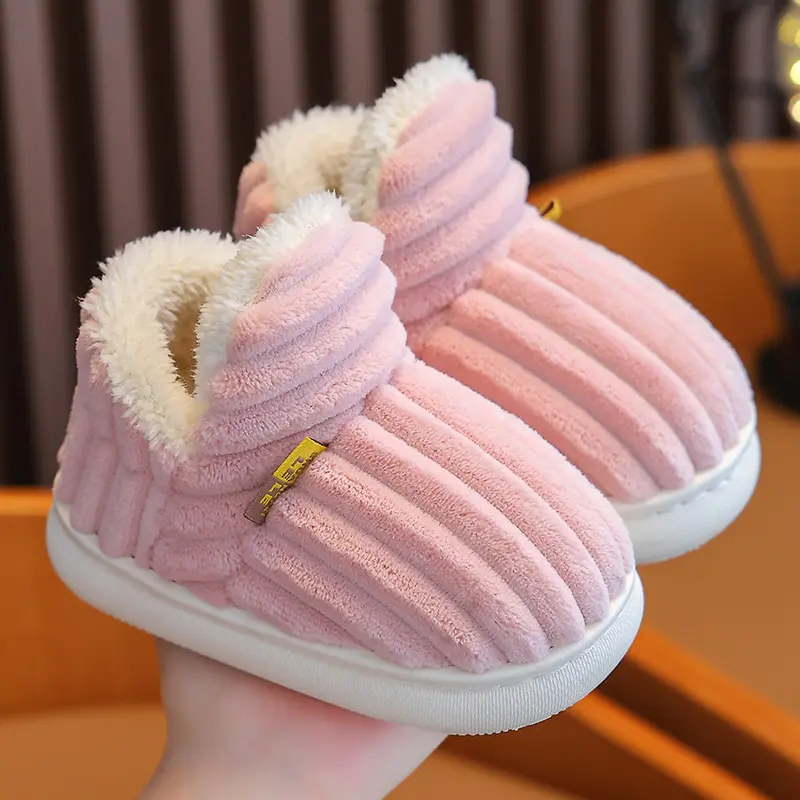 2025 Winter Concise Stripe Plush Slippers Children's Non-slip Soft Sole Kids Boys Girls Heel Wrap Warm High Home Cotton Shoes