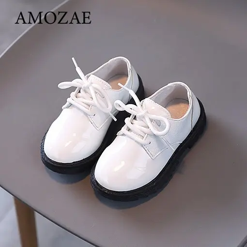Boys Performance Leather Shoes Spring and Autumn New Britain Style All-match Black Children's Fashion Black Lace-up Simple