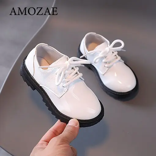 Boys Performance Leather Shoes Spring and Autumn New Britain Style All-match Black Children's Fashion Black Lace-up Simple